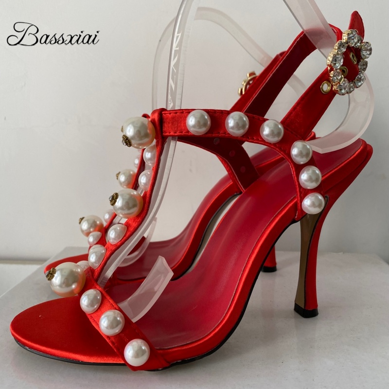 Sandal Strappy Heeled - Sandal Hak Stiletto T-Strap Dekorasi Mutiara