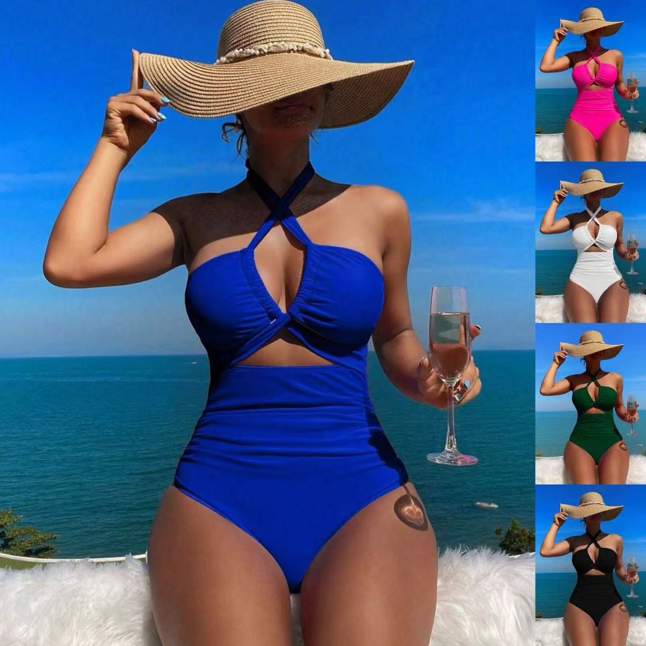 Swimsuit Bikini Ruched - Baju Renang Wanita Halter Neck Solid