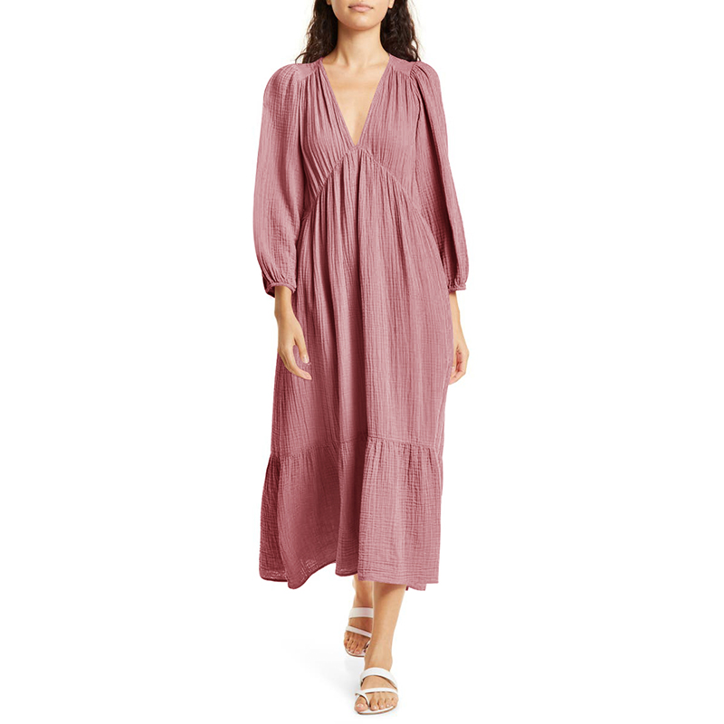 Linen Dress Wrap - Muslin 100% gaun lengan panjang katun
