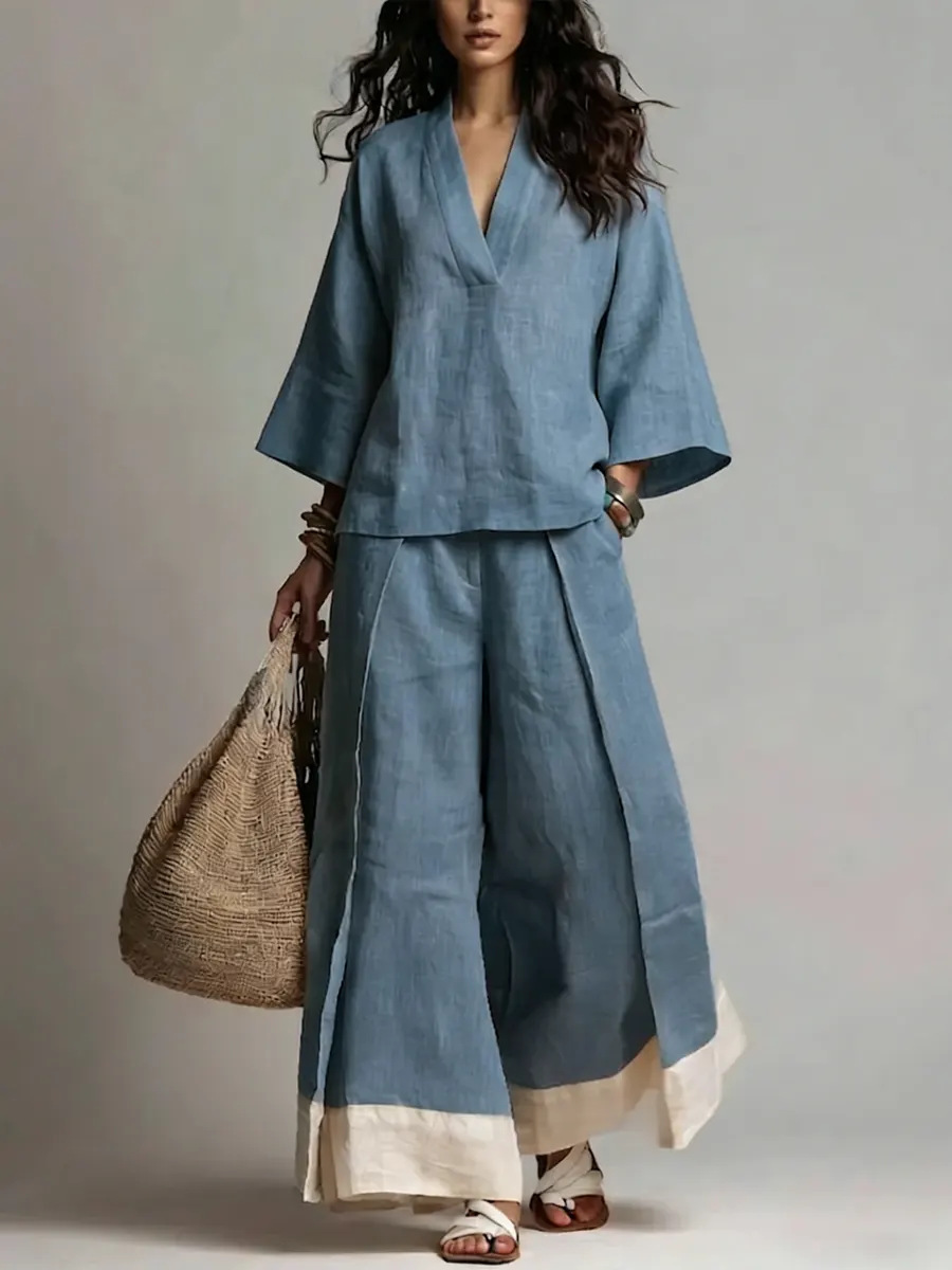 Linen Pant Wide - Setelan Linen Katun Kerah V Wanita