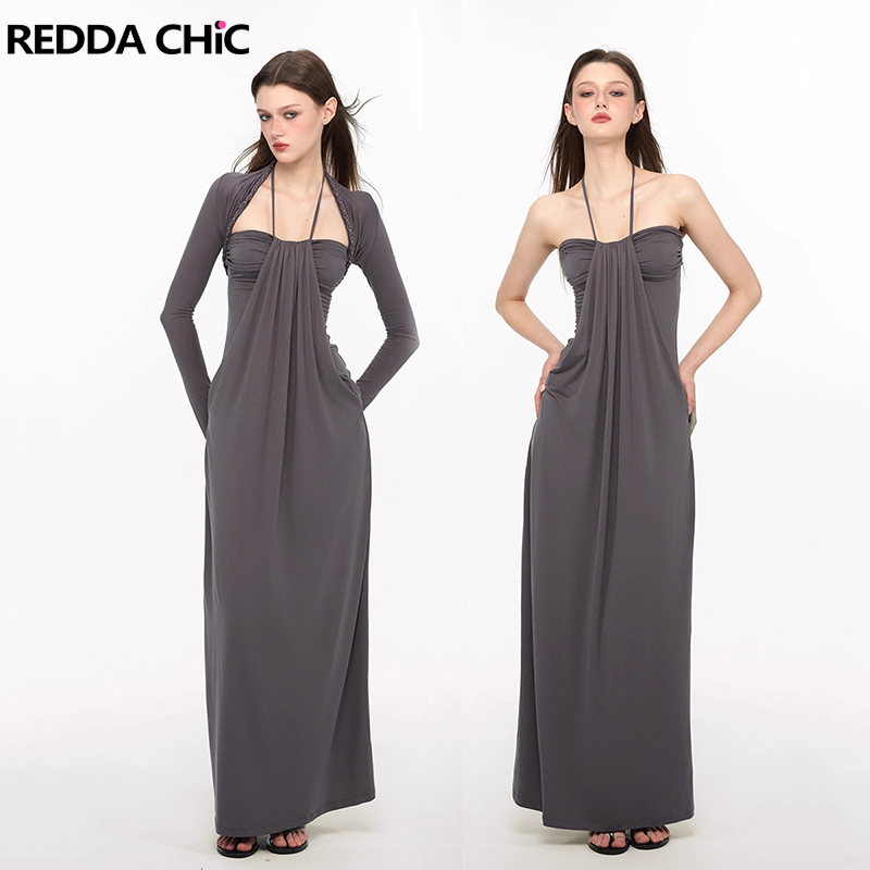 Maxi Dress Halter - REDDACHiC Set Gaun Rajut Elegan dengan