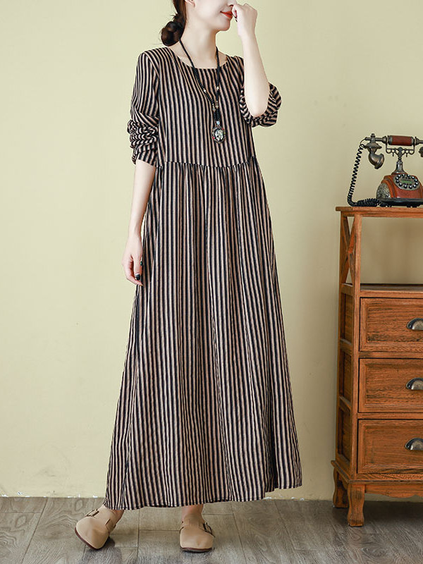 Gaun Panjang Kerah Bulat Gaya  - Linen Dress Wrap ulasan dan harga