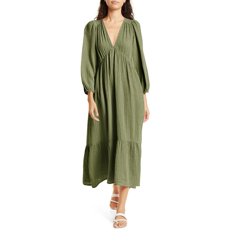 Muslin 100% gaun lengan panjan - Linen Dress Wrap ulasan dan harga