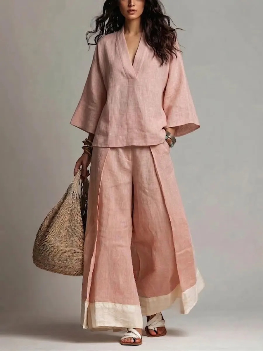 Setelan Linen Katun Kerah V Wa - Linen Pant Wide ulasan dan harga