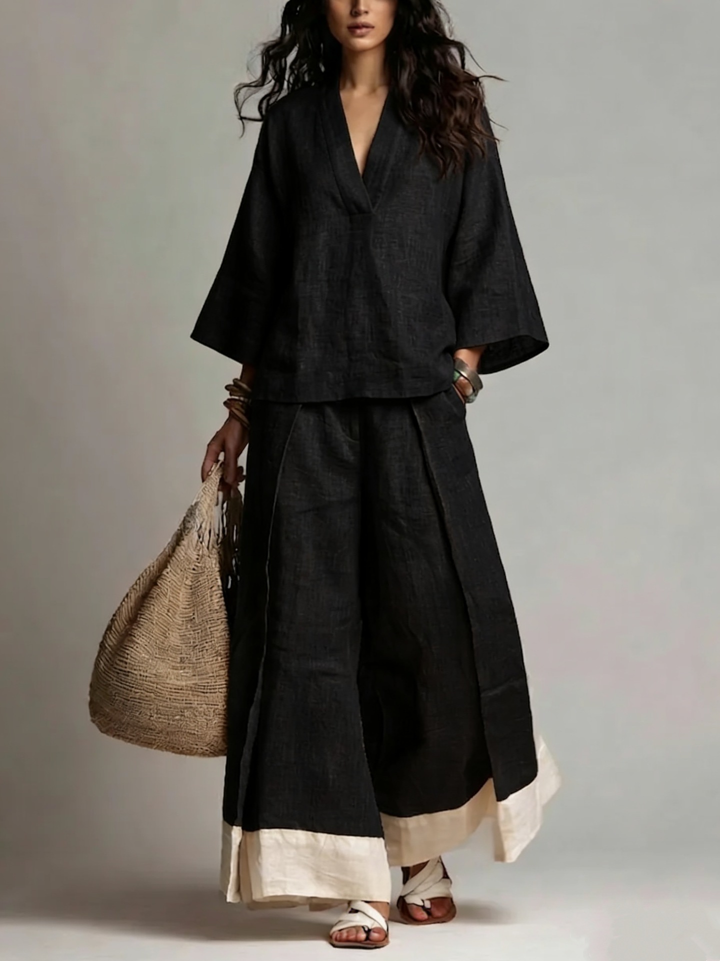 Setelan Linen Katun Kerah V Wa - Linen Pant Wide ulasan dan harga