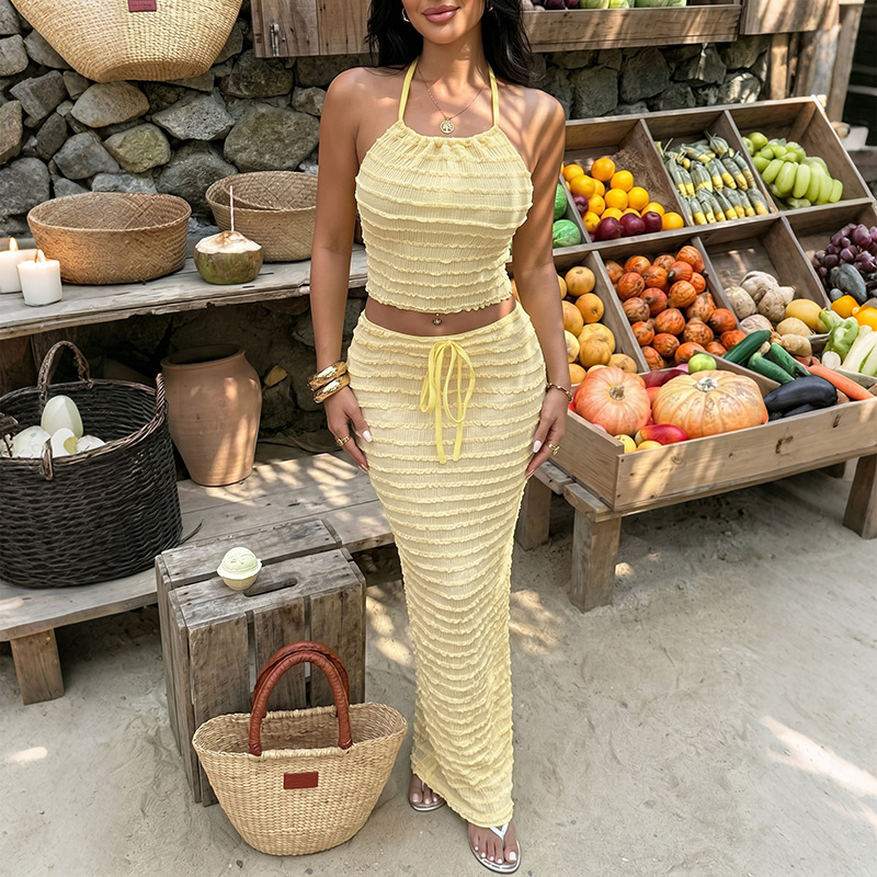Gaun Elegan Seksi Set Rok Dua  - Maxi Dress Halter ulasan dan harga